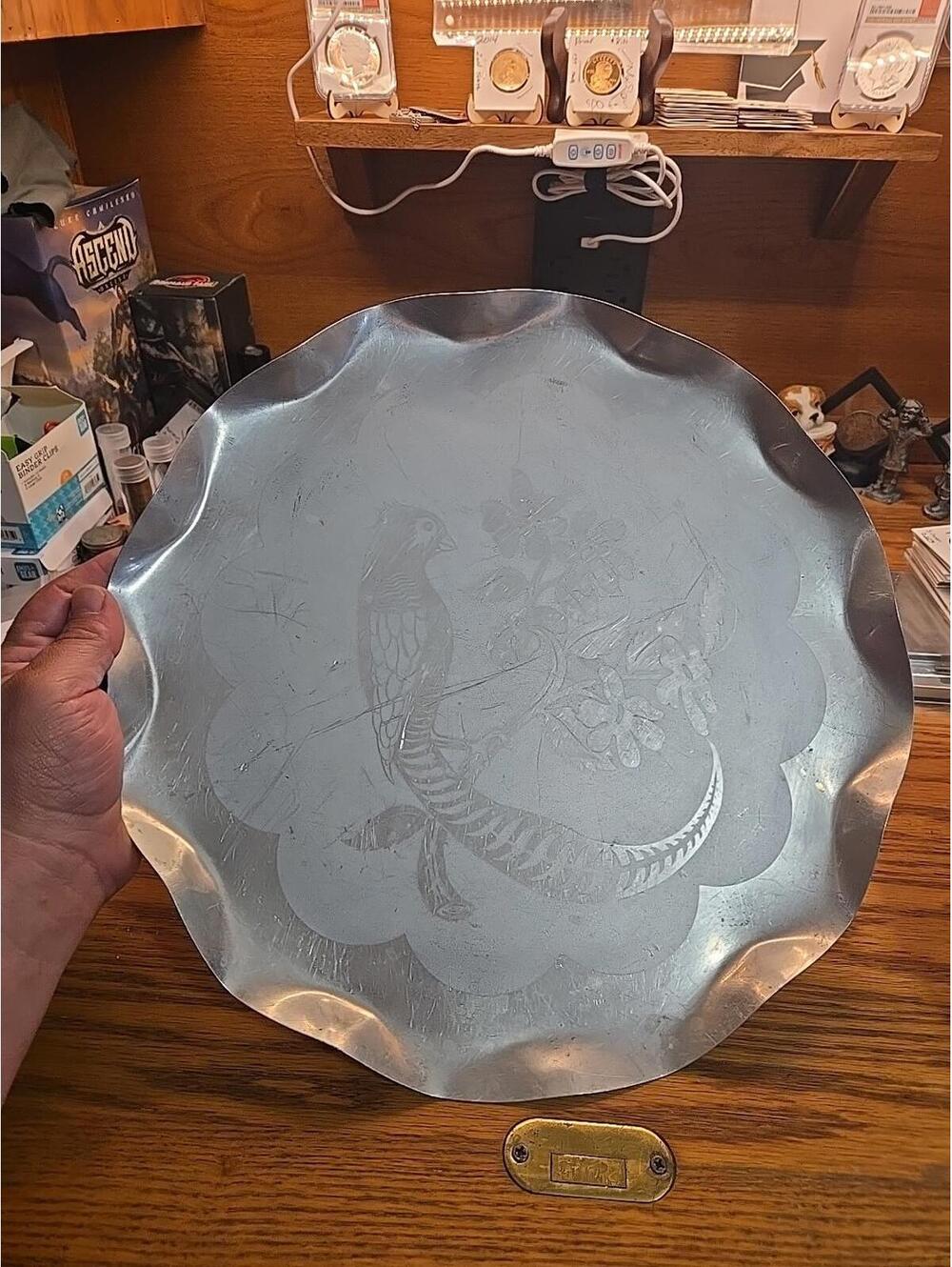 Vintage Aluminum Tray_Etched Parrot on Branch_Fluted Edge Serving Tray